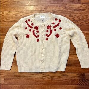 Pepaloves Women’s Cream Cardigan with Red Floral Embroidery